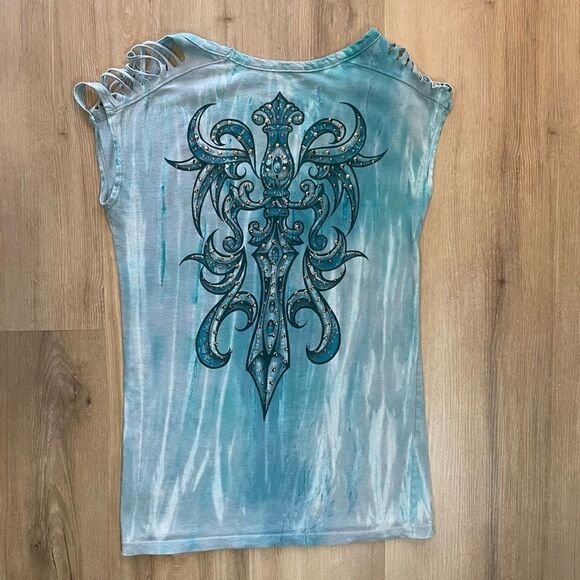 Affliction Thorn Series Women’s Small Blue Top Tshirt Embroidered Beaded Grunge - Picture 5 of 5